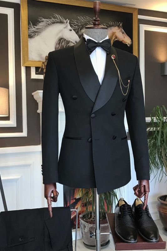 Abner Fashion Black Double Breasted Slim Fit Mens Suit Cape Lapel