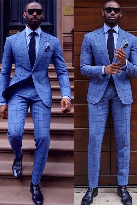 Fashion Blue Plaid Pointed Lapel Two Piece Formal Business Mens Suit