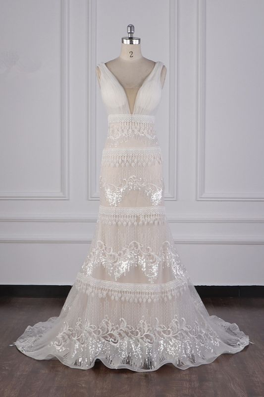 Bradyonlinewholesale Gorgeous V-Neck Tulle Beadings Wedding Dress Sheath Seuqined Bridal Gowns with Tassels On Sale