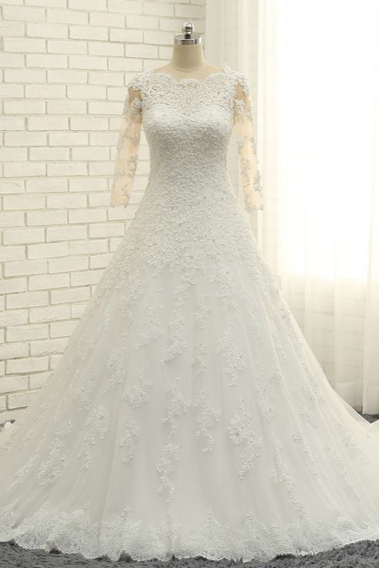 Bradyonlinewholesale Elegant A-Line Jewel White Tulle Lace Wedding Dress 3/4 Sleeves Appliques Bridal Gowns with Pearls