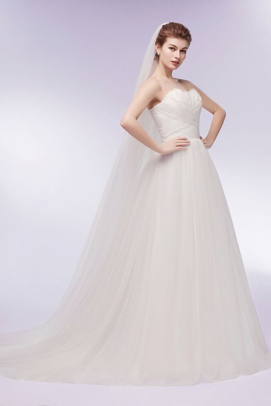 A-line Sweetheart Strapless Tulle Wedding Dresses with Feathers