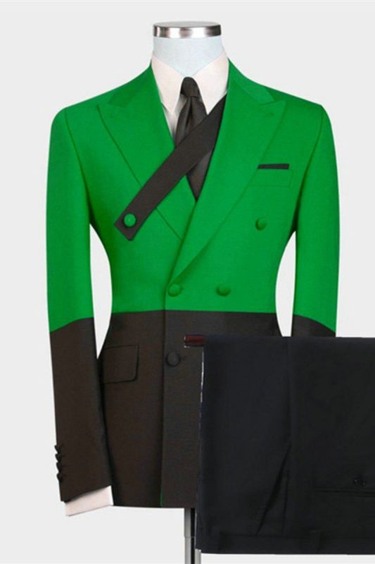 Ezekiel Green and Black Double Breasted Point Lapel Fashion Mens Suit