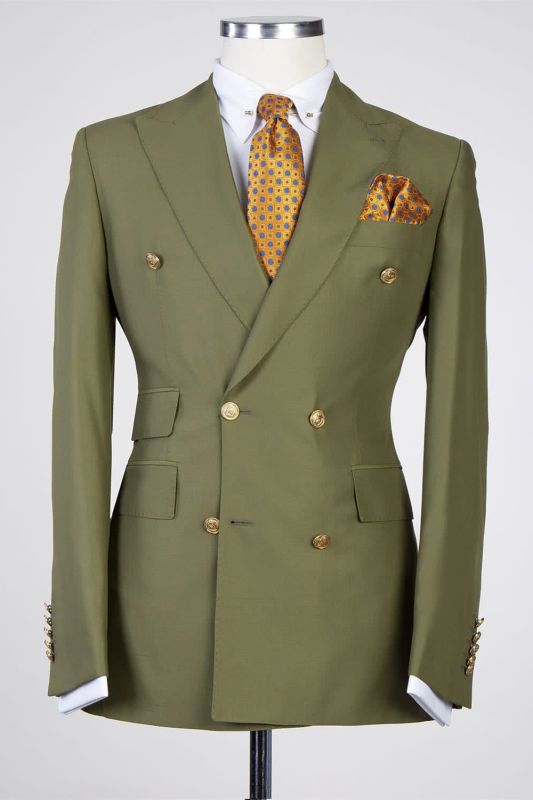 Olive Green Peaked Lapel Double Breasted Close Fitting Prom Suits