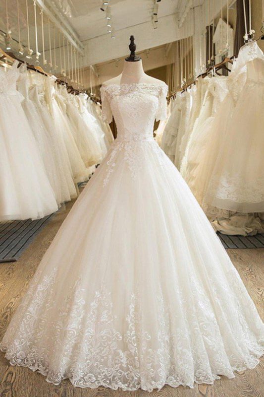 Floor-Length Applique Ball Gown Off-the-Shoulder Lace Tulle 1/2 Sleeves Wedding Dresses