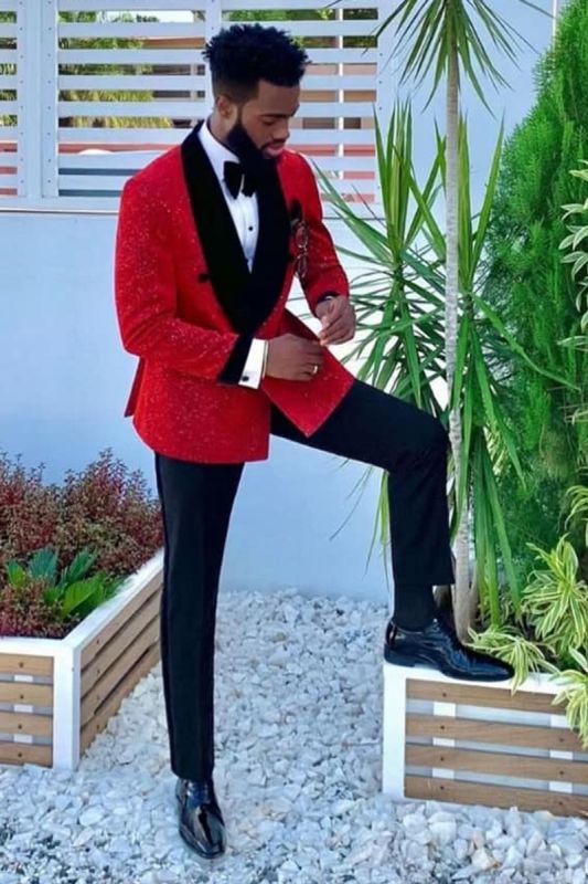 Black Velvet Lapel Banding Edge Sparkle Red Mens Suit for Prom