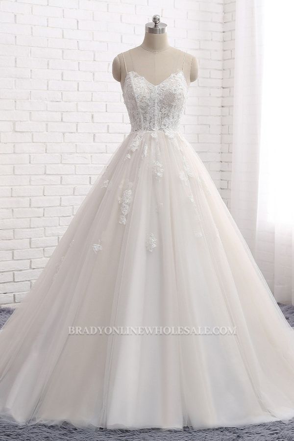 Bradyonlinewholesale Affordable Spaghetti Straps Sleeveless Lace Wedding Dresses A-line Tulle Ruffles Bridal Gowns On Sale