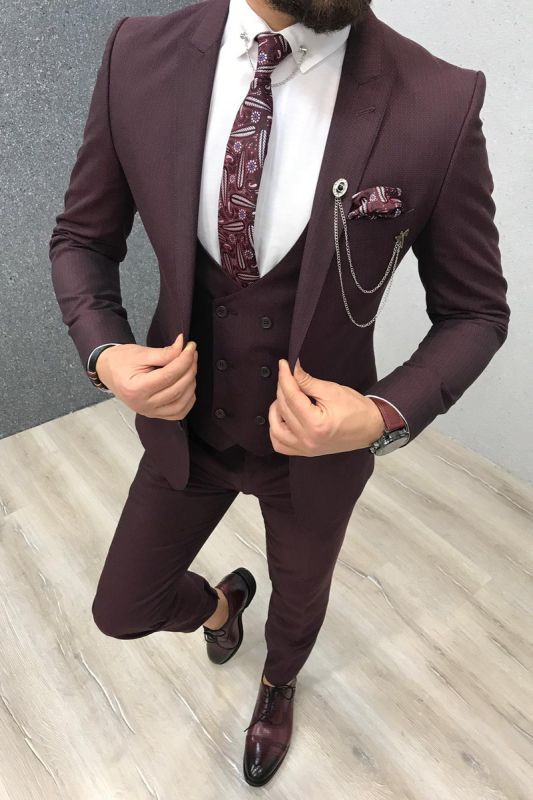 Warren Burgundy 3 Piece Slim Fit Pointed Lapel Mens Suit