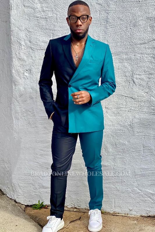 Dark Navy And Ocean Blue Notched Lapel Double Breasted Prom Two Suits