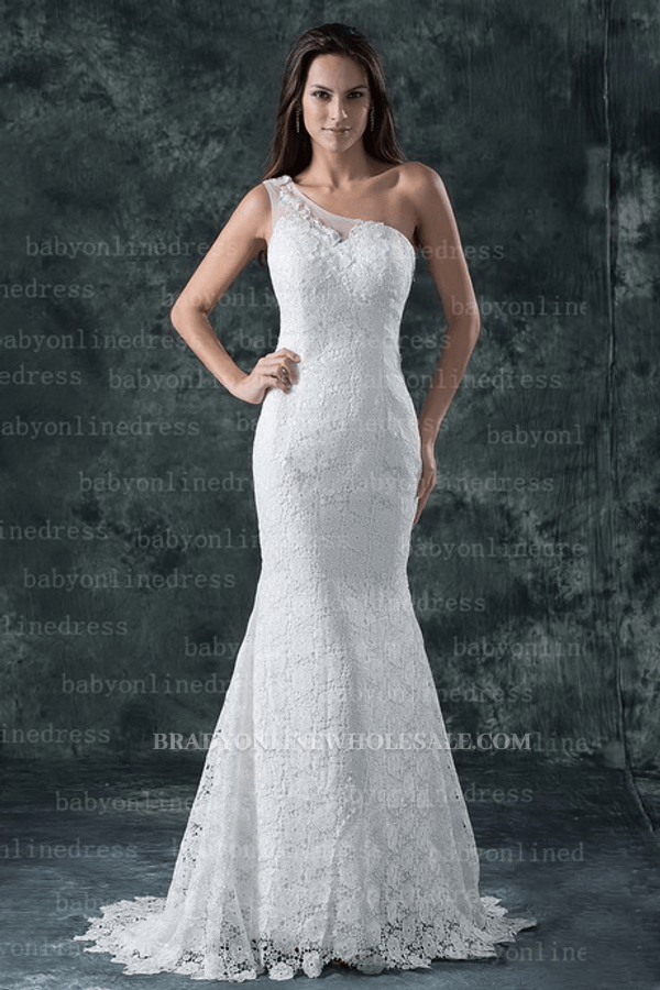 Elegant Mermaid One Shoulder Backless Side Zipper Lace Wedding Dresses with Court Train