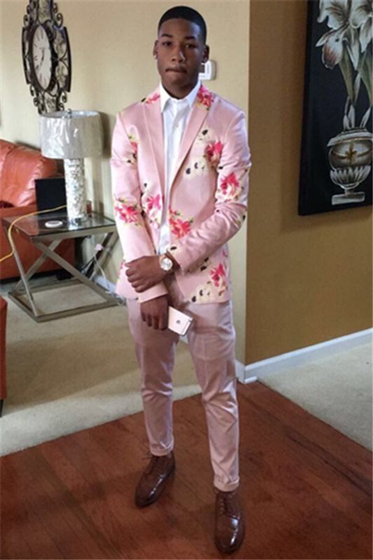 Charming floral print two pink prom men suits for sale