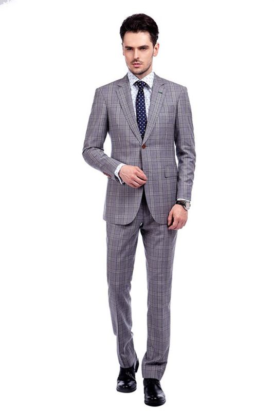 Light Grey Plaid Fashion Notched Lapel Mens Suit