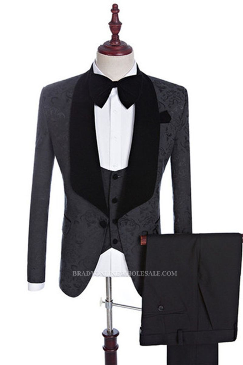 Xander Mens Black Jacquard Three Piece Shawl Lapel Wedding Suit