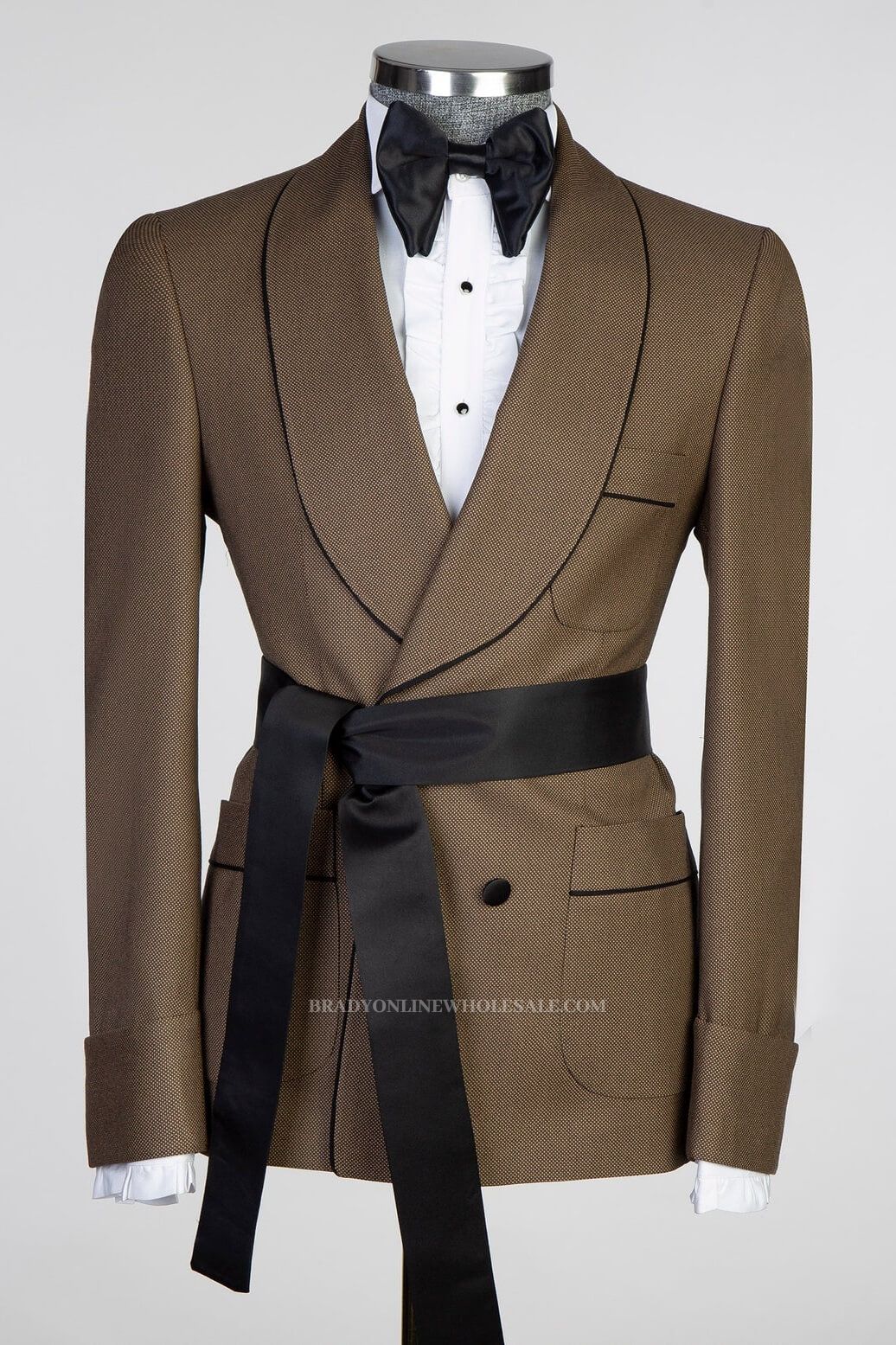 Chu Latest Golden Brown Men’s Formal Suit with Black Sash for Wedding