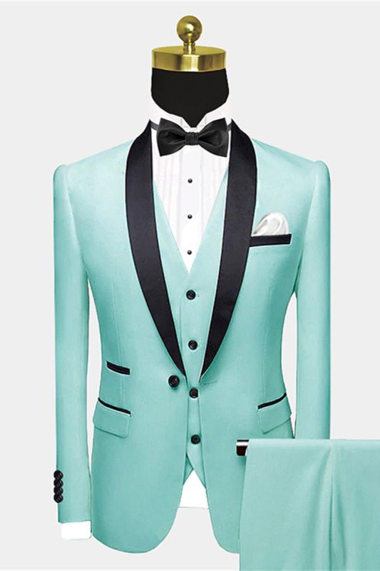 Special Mint Green Wedding Tuxedos for Groom | Black Satin Shawl Lapel Prom Suits