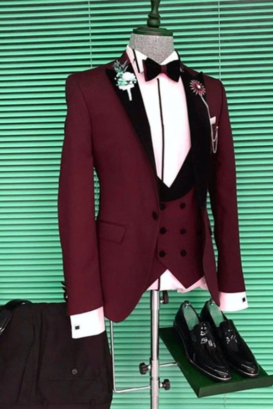 Devon Slim Fit Burgundy Three Piece Mens Suit with Black Point Lapel