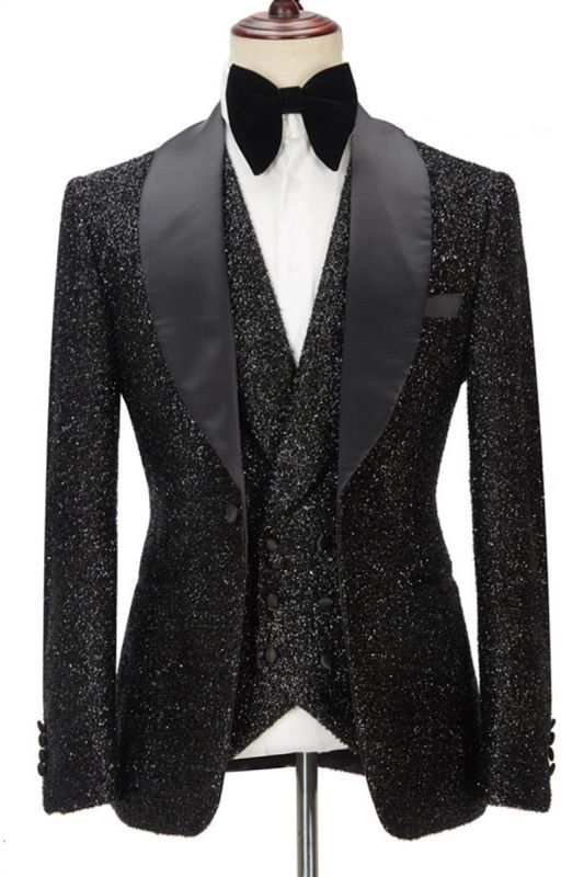 Kane Sparkly Black Three Piece Shawl Lapel Custom Mens Wedding Suit