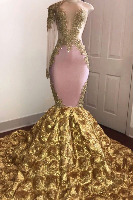 One Sleeve Mermaid Gold Floral Prom Dresses Cheap | Beads Lace Appliques Sexy Prom Gowns Cheap