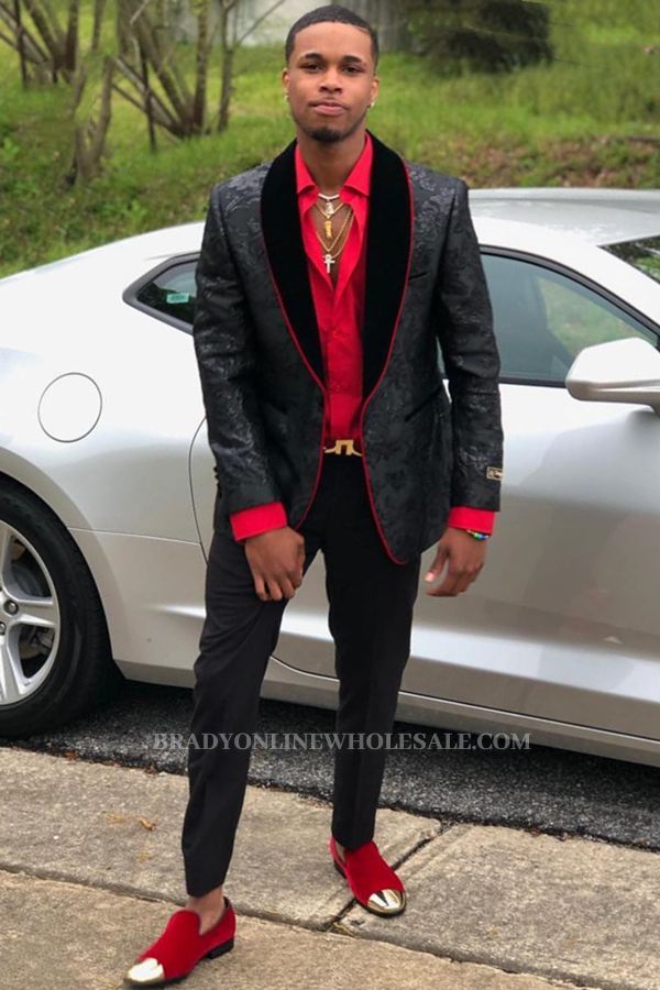 Yehudi Black Jacquard Prom Suits With Velvet Shawl Lapel