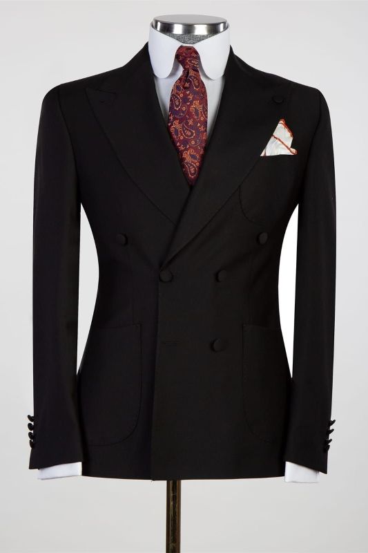 Black Double Breasted Peaked Lapel Business Men Suits