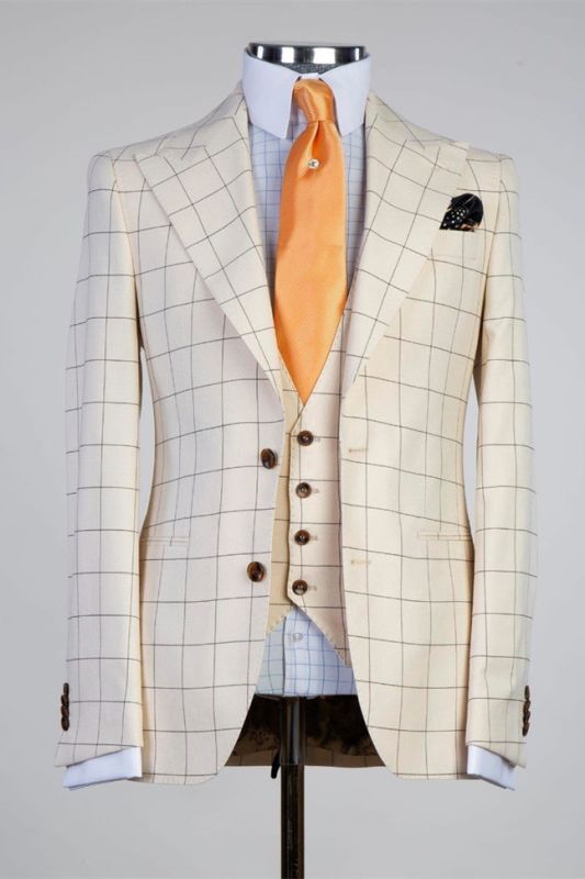 Gabriel Champagne Plaid Stylish Peaked Lapel Slim Fit Men Suits