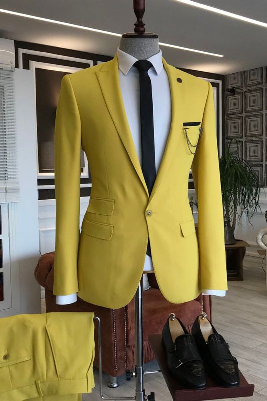Solomon Yellow Pointed Lapel One Button 3 Flaps Prom Mens Suit
