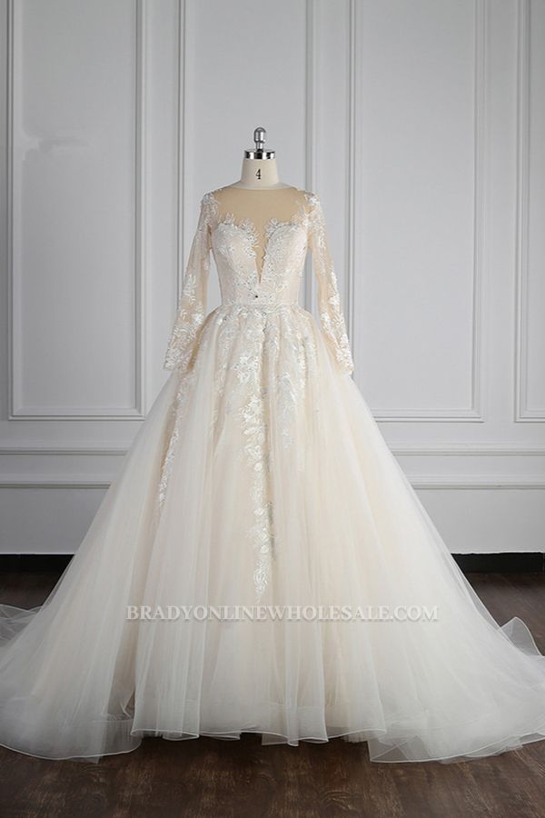 Bradyonlinewholesale Elegant Jewel Long Sleeves Wedding Dress Tulle Appliques Ruffles Bridal Gowns with Beadings Online
