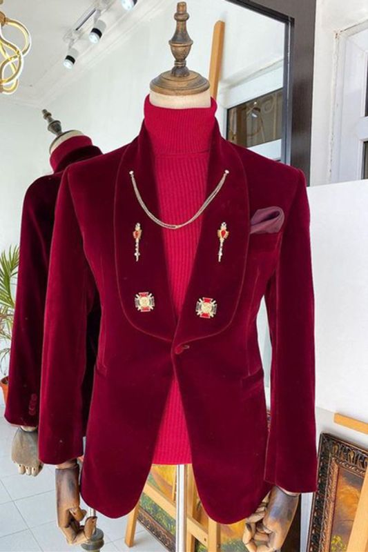 Fashion Red Velvet Shawl Lapel Wedding Groom Suit