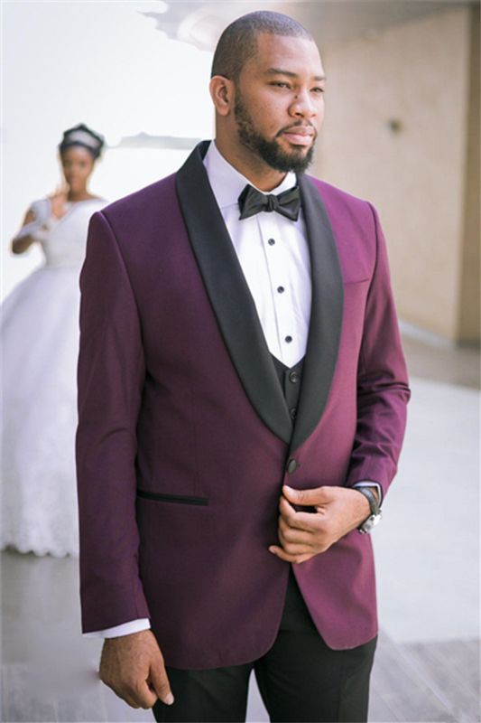 Charles Purple Three-Piece Slim Fit Black Lapel Wedding Dress