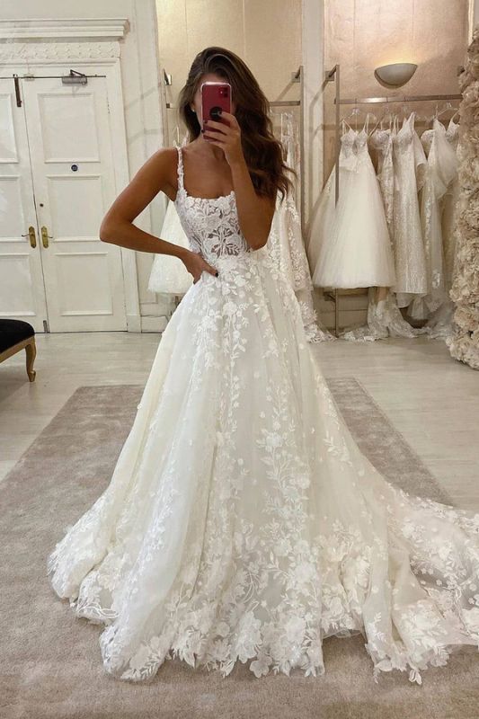 Glamorous Lace Appliques Spaghetti A-line Bridal Gowns Sweep Train Wedding Dress