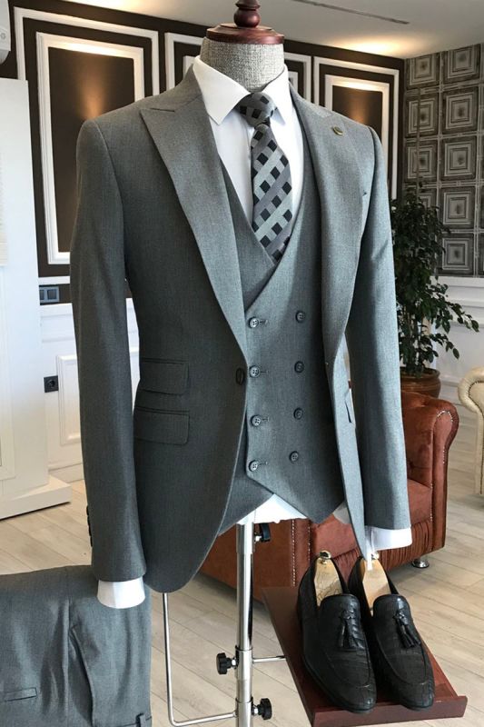 Levi Light Grey 3 Piece Point Lapel Slim Fit Mens Business Suit