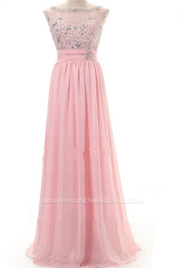 Bateau A-Line Chiffon Evening Dresses Floor Length Prom Gowns with Beadings