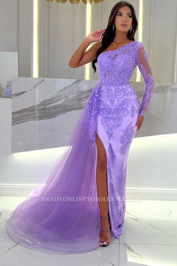 Lilac Long sleeves High Split Tulle Prom Dresses