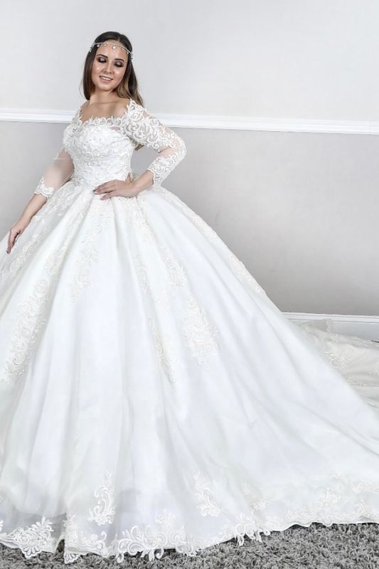 Long sleeves Lace Square neck puffy Ball gown Court train White Wedding Dresses