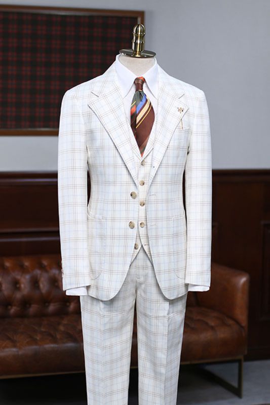 Alfred Sleek White Plaid 3 Piece Notched Lapel Slim Fit Suit