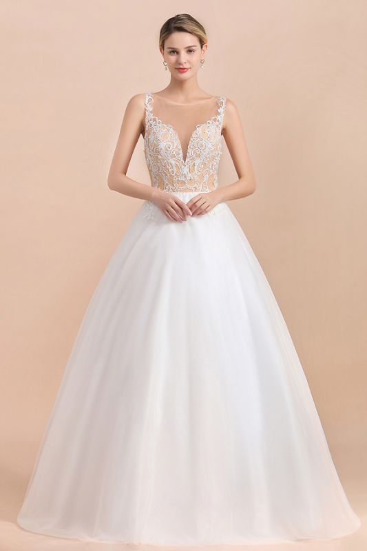 Gorgeous Illusion neck Buttons Sleeveless White Ball Gown Wedding Dress
