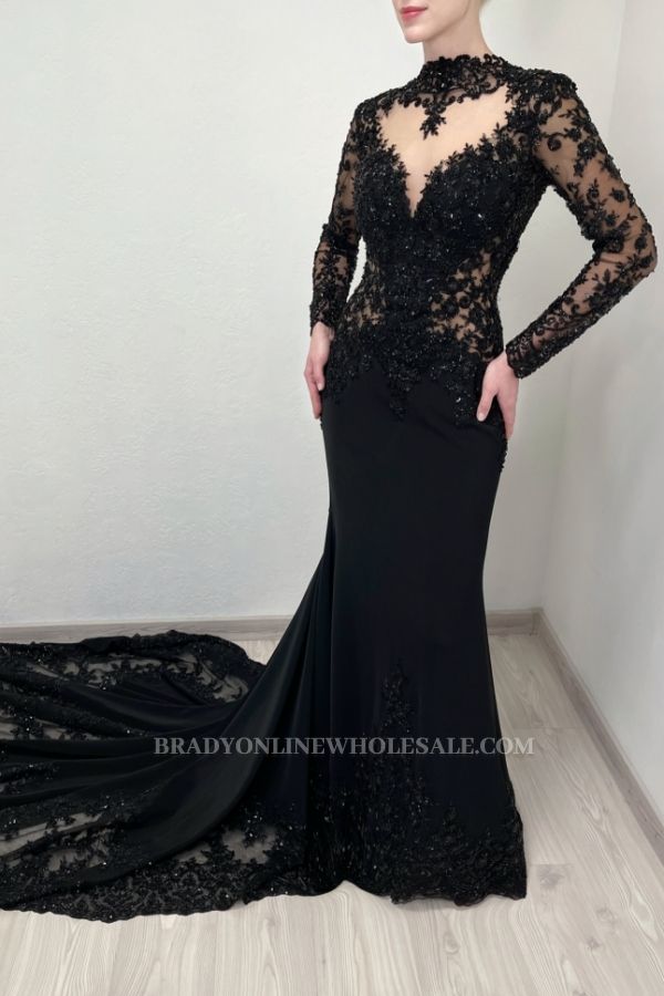 Black High-neck Appliques Lace Long Sleeve A-Line Wedding Dresses