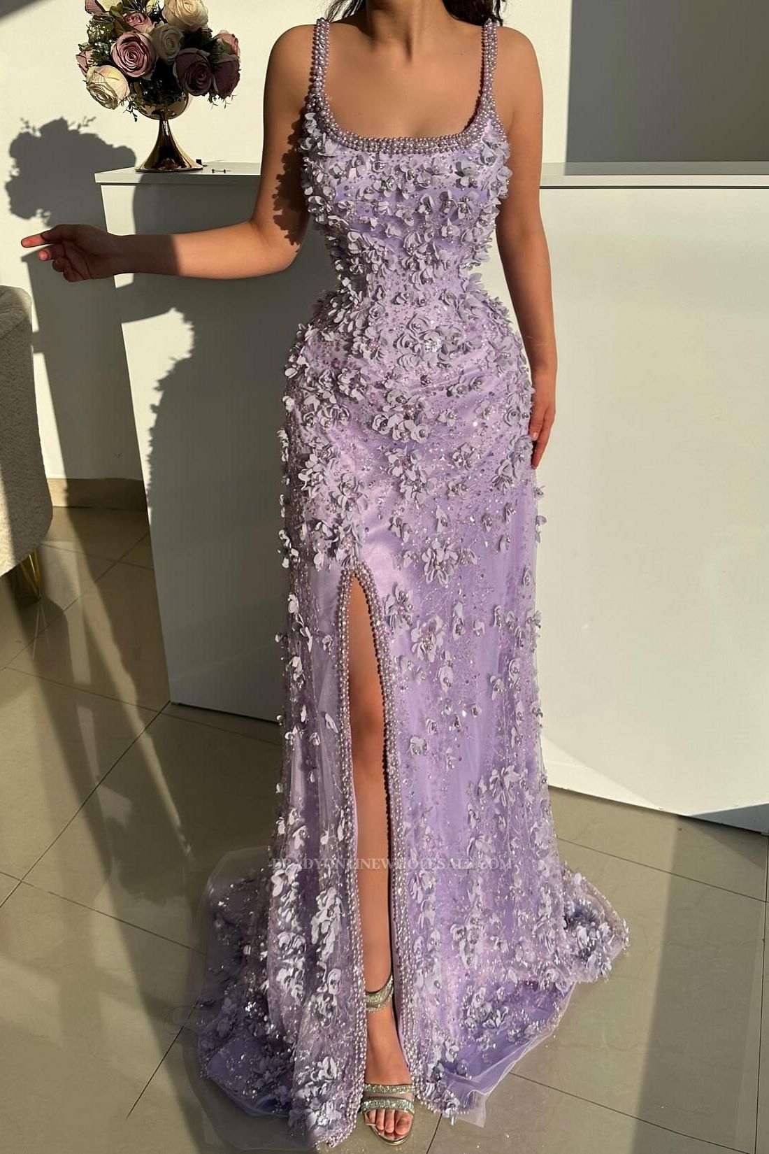 Square Neckline Satin Beading Appliques Lace Column Prom Dresses