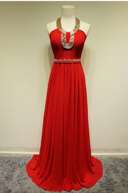 Halter Red Crystal Evening Dresses Tulle Luxurious Custom Made Charming Party Gowns