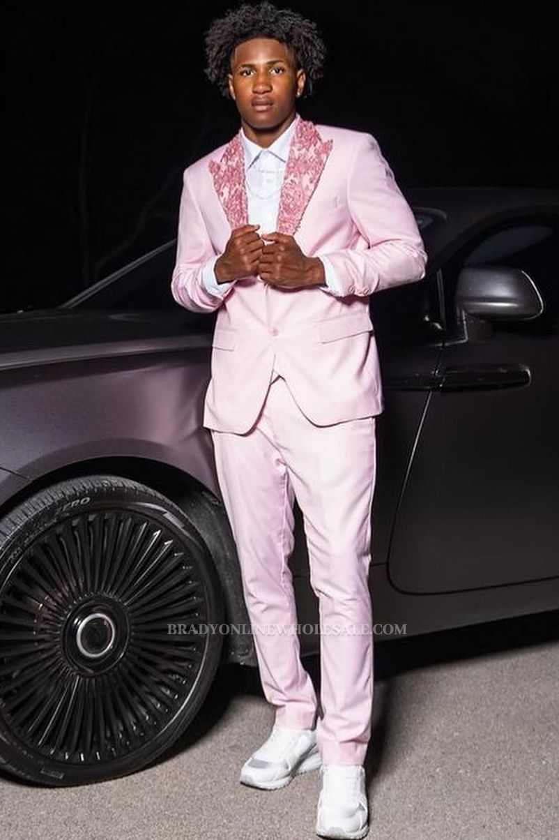 Pink Prom Suits With Lace Peaked Two Piece Lapel