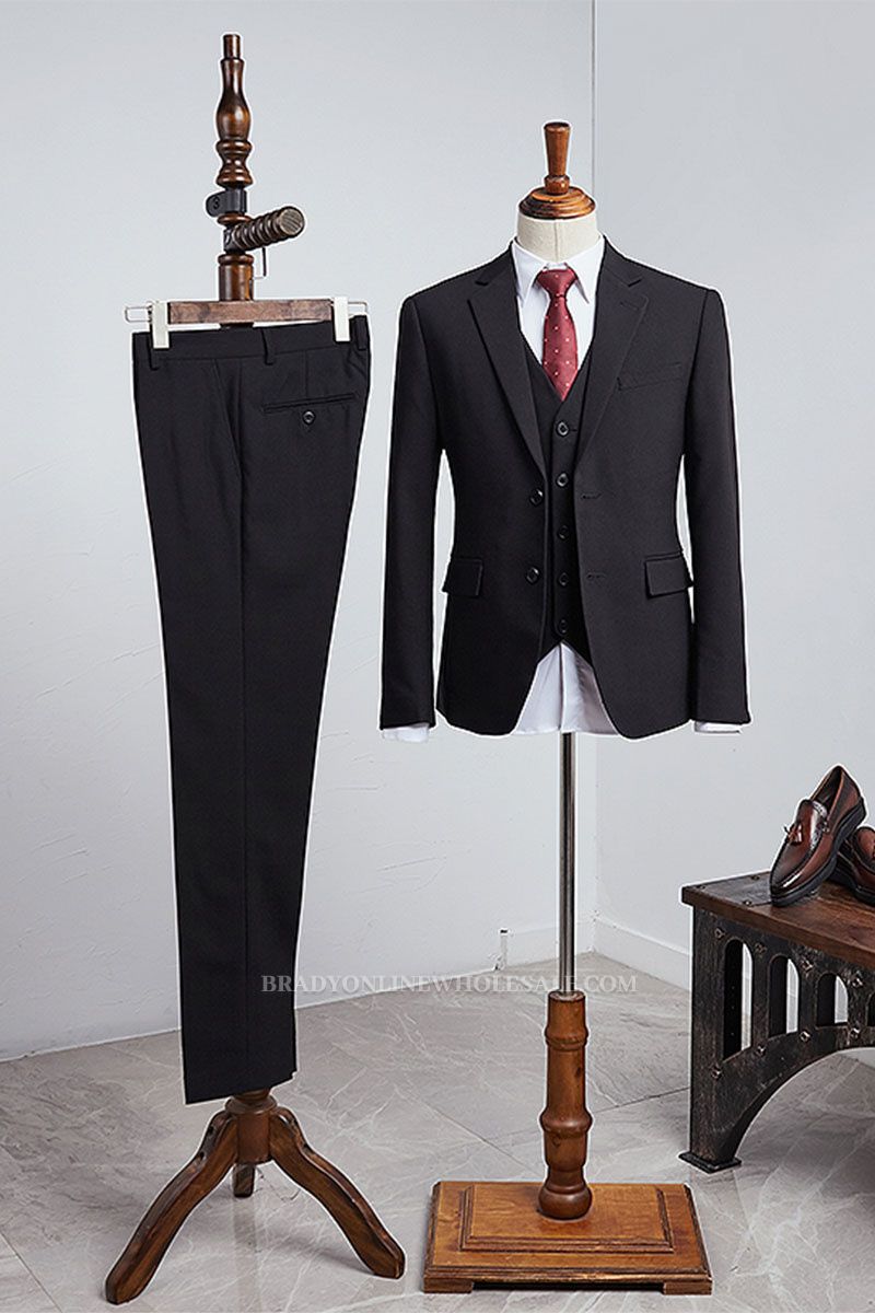 Boris Classic All Black 3 Piece Notched Lapel Slim Fit Mens Business Suit