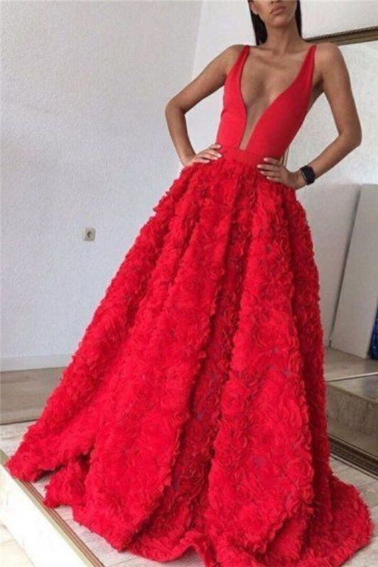 Red Flowers Skirt Sexy V-neck Evening Dress Sleeveless Prom Dress
