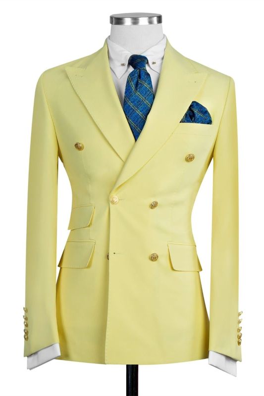 Yellow Fashion Double Breasted Peaked Lapel Men Suits