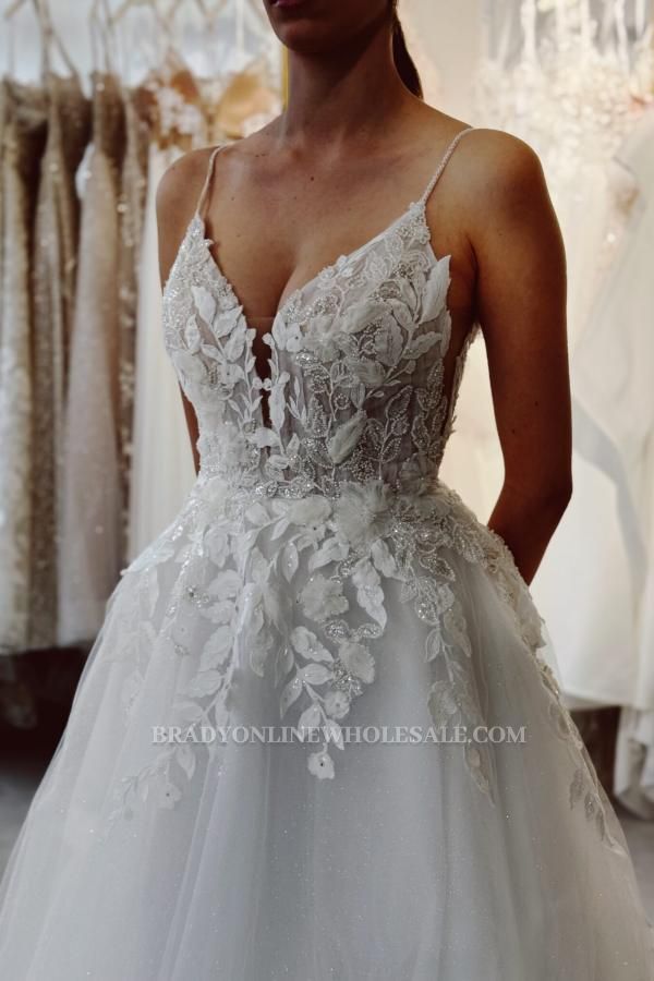 Elegant Wedding Dresses A Line Glitter Tulle Wedding Dresses With Lace