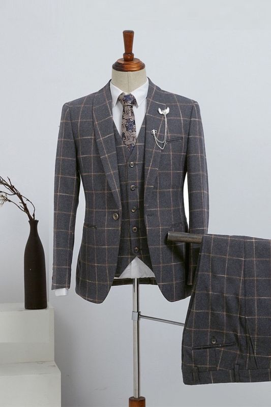 Barlow Stylish Dark Grey Plaid 3 Piece Slim Fit Custom Business Suit