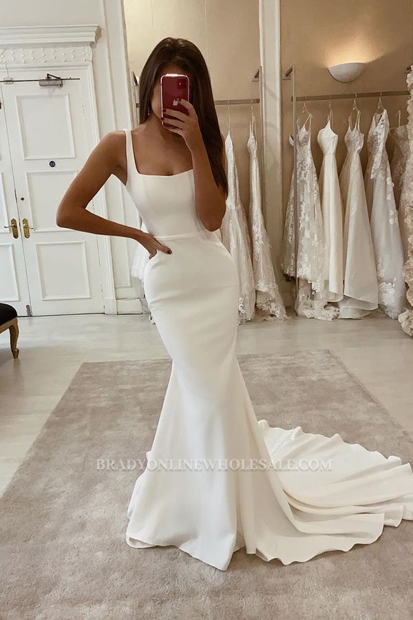 Sexy Spaghetti Strap White Satin Long Wedding Dresses