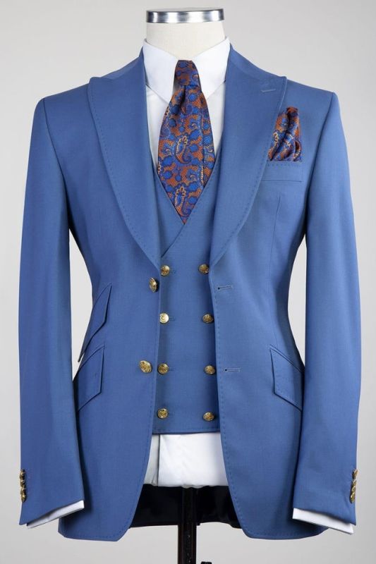 Blue three-piece simple slim mens business suit