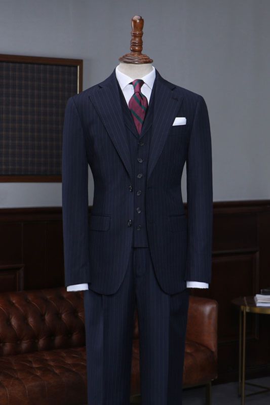 Alston Formal Navy Striped 3 Piece Slim Fit Custom Business Suit