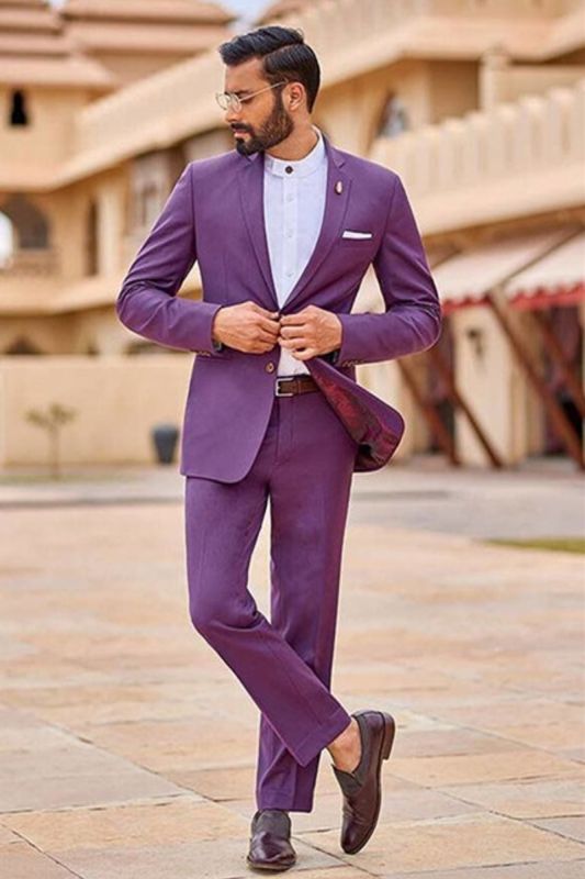 Chic Purple Slim Cut Lapel Custom Mens Prom Dress