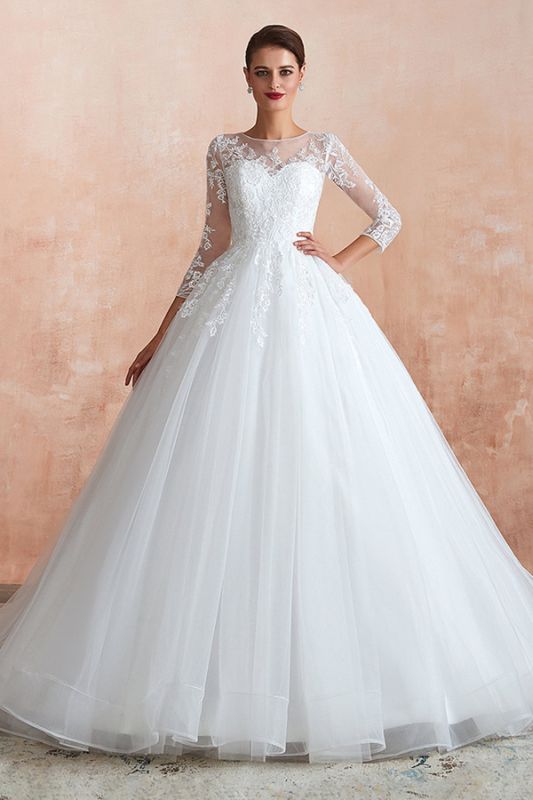 Canace | Romantic Long sleeves Lace Ball Gown Wedding Dress, Fully covered Buttons Bridal Gowns with Court Train