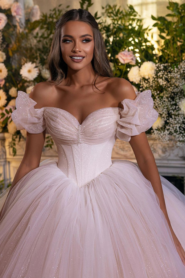 Glitter Off-Shoulder Tulle Floor-Length Wedding Dress